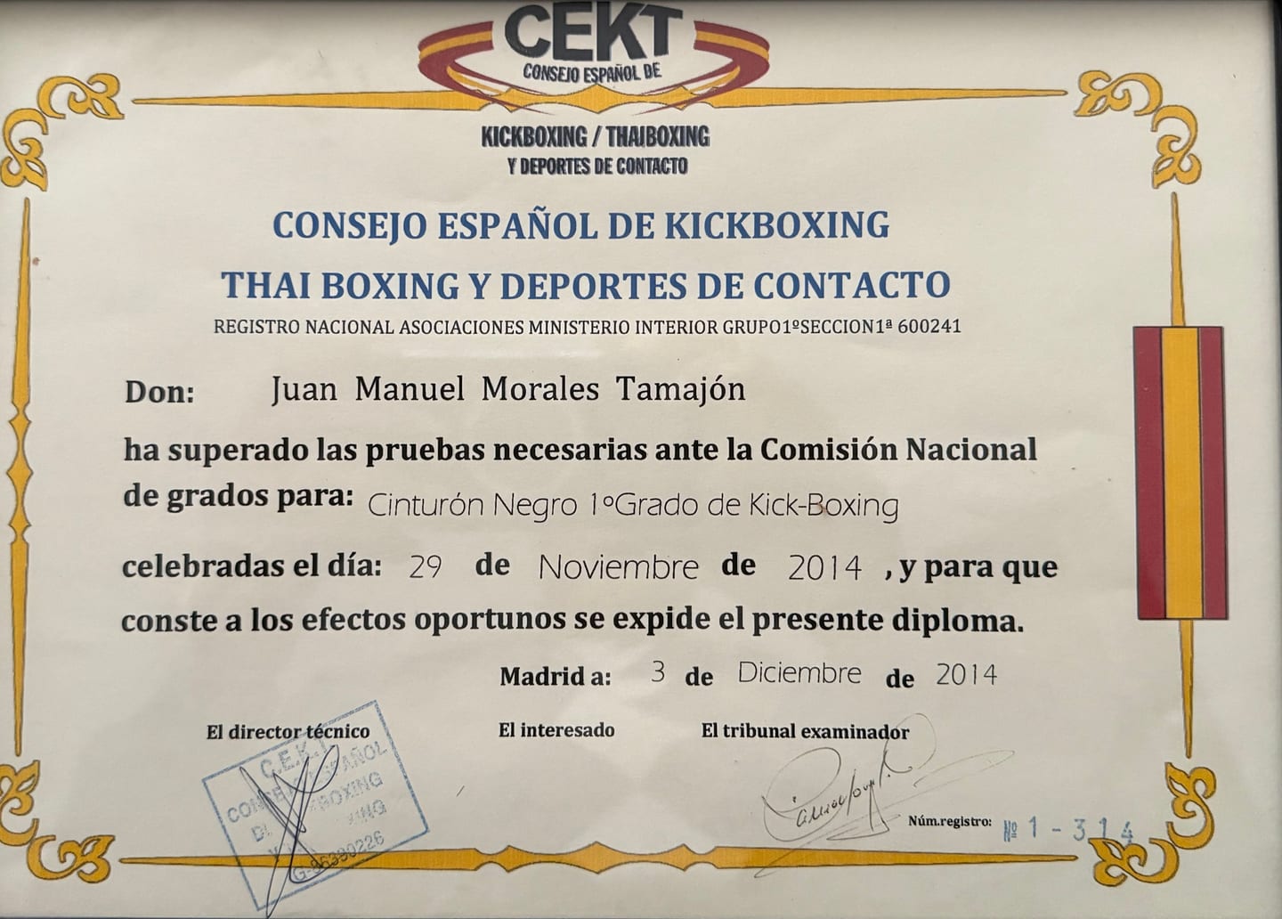 Diploma from the Spanish Kickboxing Council (CEKT) certifying Juan Manuel Morales Tamajón as a 1st-Degree Black Belt in Kick-Boxing, Madrid, 3 December 2014